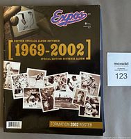 Front cover of the Montreal Expos 1969-2002 souvenir program with photos and logo.