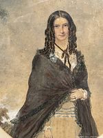 Close-up view of the original watercolour painting showing detail of the young woman's face, hair, and clothing.