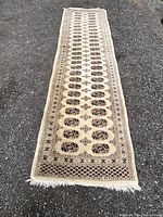 Full-length view on gravel showing overall pattern, border and fringe