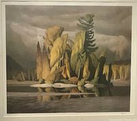 Close-up of the print showing tree island and water reflection