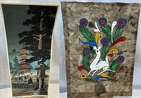 Photo showing two unframed prints, the left is multicolored with floral and deer design, the right is a dark toned woodblock print of Toshogu Shrine.
