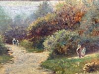 Close view of coastal path painting showing two figures amidst shrubbery and distant sea