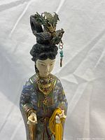 Close-up front view of cloisonné enamel patterns and figure torso