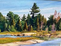 Close-up view of painted trees, grass and water detail