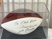Front view of Joe Namath autograph on white panel of Wilson NFL football inside protective case.