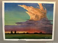 Full view of oil on canvas painting showing sunset landscape and large cloud formation with artist signature in bottom right.