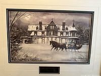 Frontal view of the framed Walter Campbell print showing the winter mansion scene with horse-drawn sleigh.