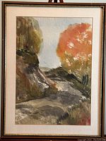Full framed view of signed vintage watercolour landscape depicting path, trees, including bright orange foliage tree.