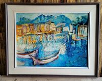 Full view of framed impressionistic oil painting of harbor scene with boats and buildings, showing vibrant colors and textured brush strokes.