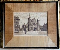 Framed engraving with brown wood and fabric mat frame showing an old building with gothic architecture.