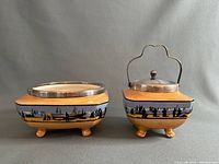 Pair of ceramic English collectible pieces by L and Sons, one lidded jar with handle and one footed bowl, shown side by side