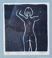 Full view of mixed media artwork: abstract human figure outlined in white on black background, mounted and framed.