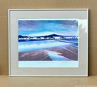 Framed signed lithograph titled 'Japan Bay Waters' showing coastal landscape in blues and purples