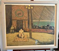 Frontal photo of the framed serigraph showing the full circus scene with a clown and audience.