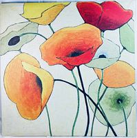 Full view of poppy flower painting with multiple colored flowers on cloth.