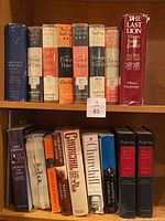 Books arranged on wooden shelves featuring multiple volumes about Winston Churchill, some with original dust jackets and visible wear.