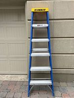 Full view of the blue fiberglass Featherlite 6ft step ladder showing the aluminum steps and yellow branded top.