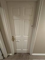 White six-panel interior door installed in frame, showing bottom to top view.