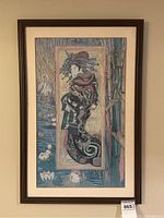 Full view of the framed Japanese art print showing the Geisha figure and detailed background with water and bamboo.