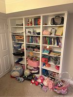 Bookshelves filled with assorted kids' books, toys including Harry Potter books, walkie talkies, Bay Blades, Barbies, and multiple plush toys around the base of the shelves.