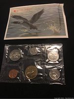 Photo showing the six uncirculated coins sealed in original plastic blister pack with a decorative card featuring a loon bird and Royal Canadian Mint logo.