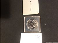 Coin housed in a protective plastic case with certificate or information paper above, showing overall presentation and case.