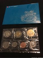 Blue envelope with Canadian-themed illustration containing the 1999 Royal Canadian Mint uncirculated coin set.