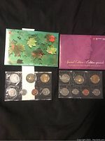 Photo showing both the 2003 regular uncirculated coin set with green leaf envelope and the special edition set with purple envelope along with their respective coins in plastic holders.