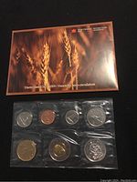 Front of the 2004 Canadian Mint uncirculated coin set with eight coins sealed in transparent blister pack, and a brown informational card showing wheat heads.