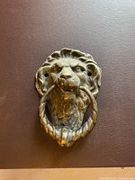 Close-up of brass lion head door knocker mounted on a leather-like background showing detailed lion face and ring knocker.