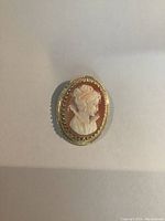 Front view of the oval shell cameo brooch showing the detailed white profile carving set against a peach shell background with 14K gold decorative bezel.