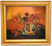Full view of the framed antique oil painting showing floral bouquet in ornate gold and blue vase with gold frame.