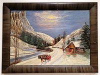 Full view of the oil on board winter scene painting with frame, showing condition and subject matter.