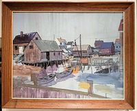 Front image showing the full framed painting with coastal village scene and boats.