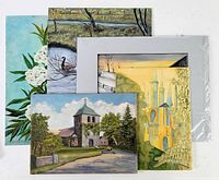 Overview of the five unframed paintings stacked and viewed from above, showing various scenes including church, flowers, and nature.