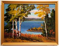 Framed oil painting on board showing fall lakeside landscape with birch trees and blue lake. Signed lower left by Flo Campbell.