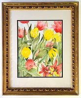 Framed watercolour floral painting showing the full ornate gold frame, which has intricate decorative patterns. The painting inside shows bright yellow and red tulips with green leaves.