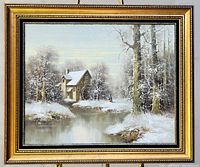 Frontal image of the large framed oil painting depicting a winter landscape with a water mill and figure near the water. Shows overall presentation and frame condition.