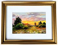 Frontal view of matted painting under glass in gold-painted frame showing entire composition