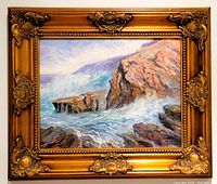 Frontal view of painting and frame hung on wall