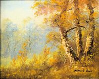 Close-up view of Autumn landscape painting with yellow and orange foliage and birch trees, signed lower right by artist.