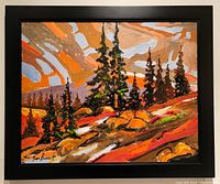 Frontal view of entire painting in black frame hung on wall.