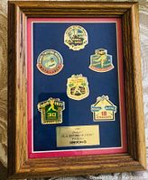 Full framed set of six enamel pins against blue mat and red accent with plaque at bottom