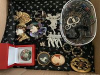 Overview of 17 assorted pins including porcelain lady faces, cameos, metal handcrafted pins, and decorative brooches