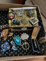 Overview photo showing all vintage and mid-century pins including floral, animal designs, blue rhinestone pins, shoe clip, and Swarovski pen in rhinestone flip lid box.