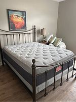 Full view of assembled metal bed frame with mattress and box spring in bedroom