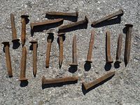Overhead view of 20 rusted old railroad spikes arranged on pavement, showing various lengths and shapes typical of railroad spikes.