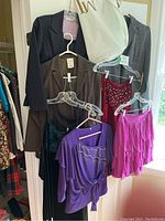 Full view of multiple women's dance costumes and suits hung on hangers showing skirts, tops, and jackets in purple, brown, red, green, and dark colors.