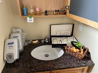 View of bathroom counter with tiny bottles of perfumes and cologne on a small shelf above sink, new Purell dispensers, basket with hair accessories, and leather cleaning kit box.