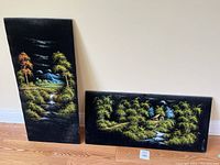 Two painted velvet covered plywood panels, Asian themed landscape paintings, both signed, each 37x17 inches